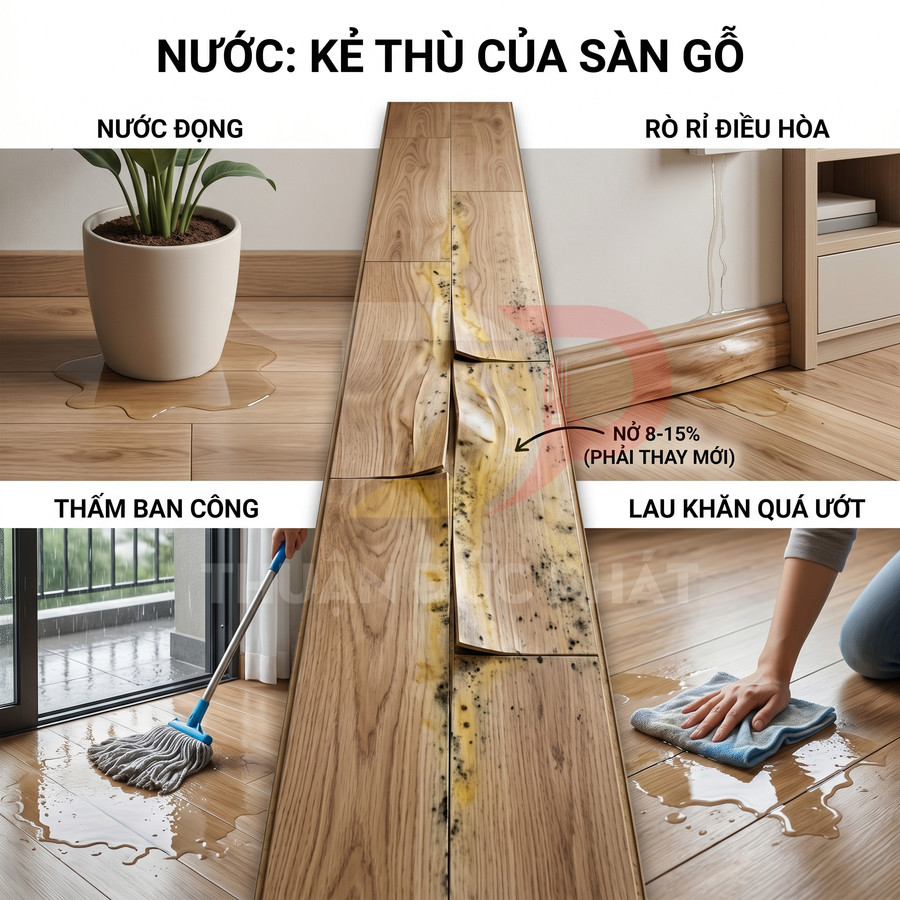 Sàn gỗ bị nước làm phồng rộp mốc, rò rỉ điều hòa, nước đọng chậu cây và lau sàn quá ướt gây hư hỏng
